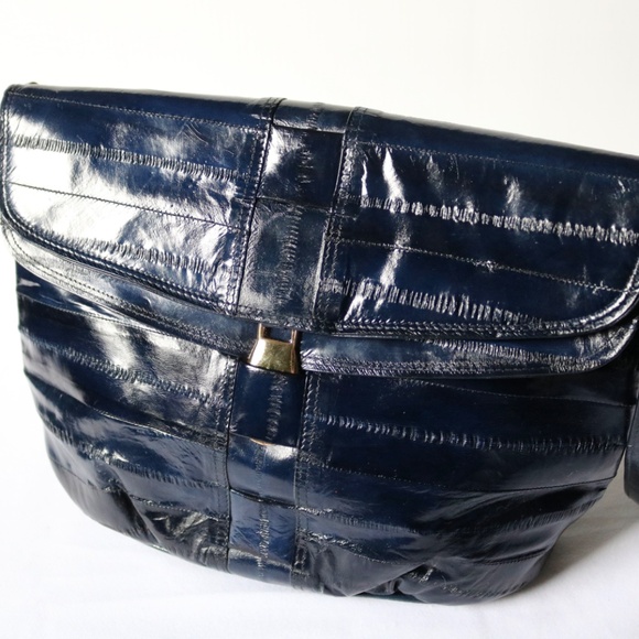 Vintage Genuine Eel Skin Leather Shoulder Crossbody Bag Purse Navy Blue 80s - Picture 11 of 11